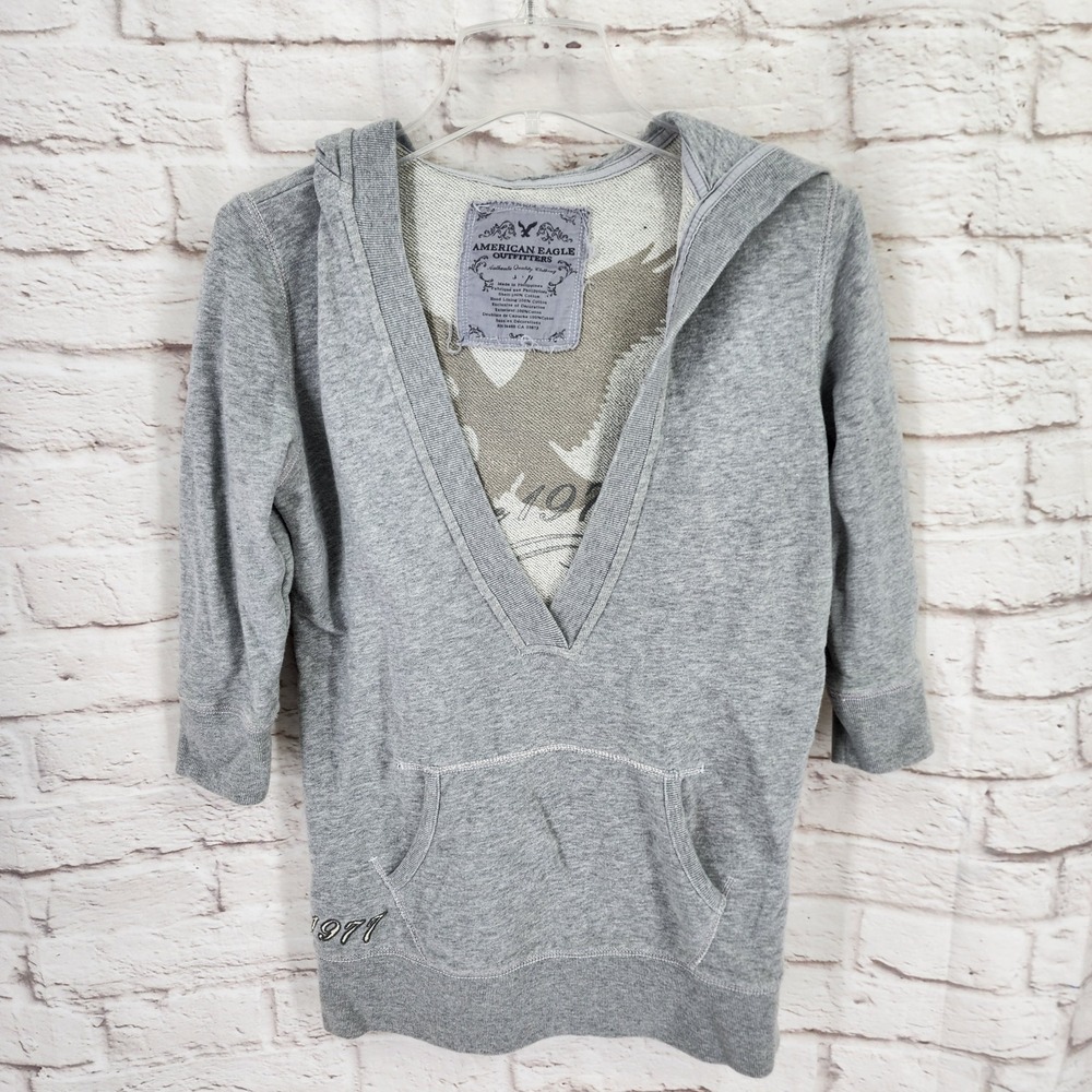 Vintage Y2K American Eagle Sweater Small Preppy V Neck Hood Bella Layering Gray - Picture 1 of 10
